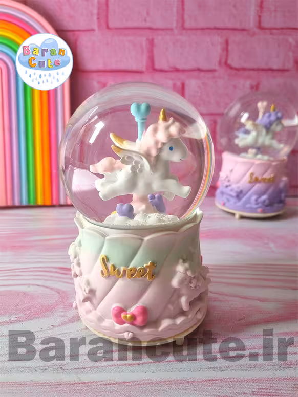 گوی موزیکال پمپی برفی چراغ دار سایز بزرگ طرح یونیکورن صورتی