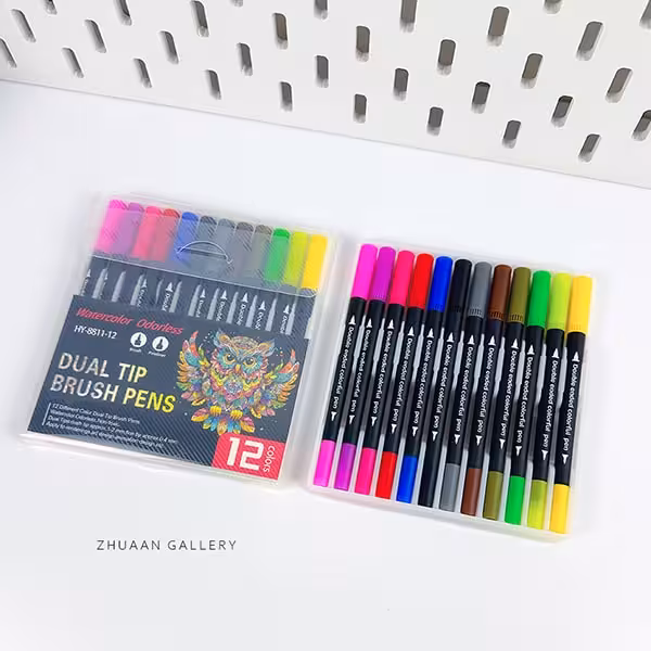 ماژیک براش و روان نویس نوک نمدی دو سر 12 رنگ
