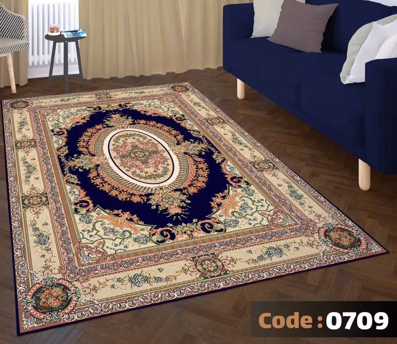 کاورفرش روفرشی دورکشدار گوشه لیفه ای لاکی ، آبی و متنوع کد 0709