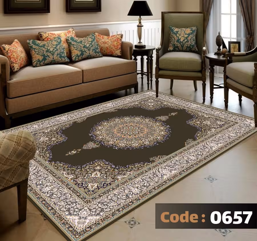 کاورفرش روفرشی دورکشدار گوشه لیفه ای کرم  قهوه ای کد 0657