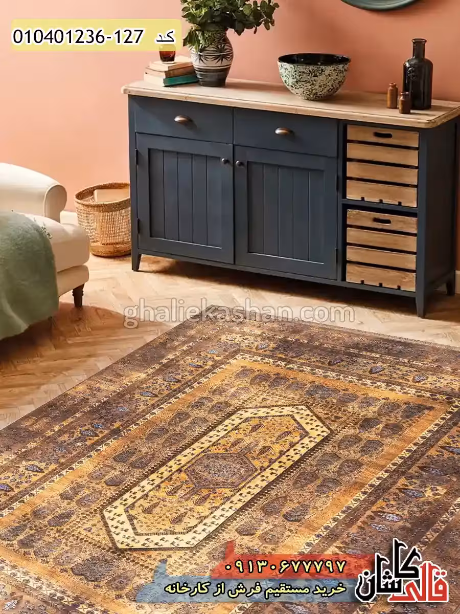فرش وینتیج 1200 شانه طرح باغ فین زمینه قهوه ای شکلاتی کاشان