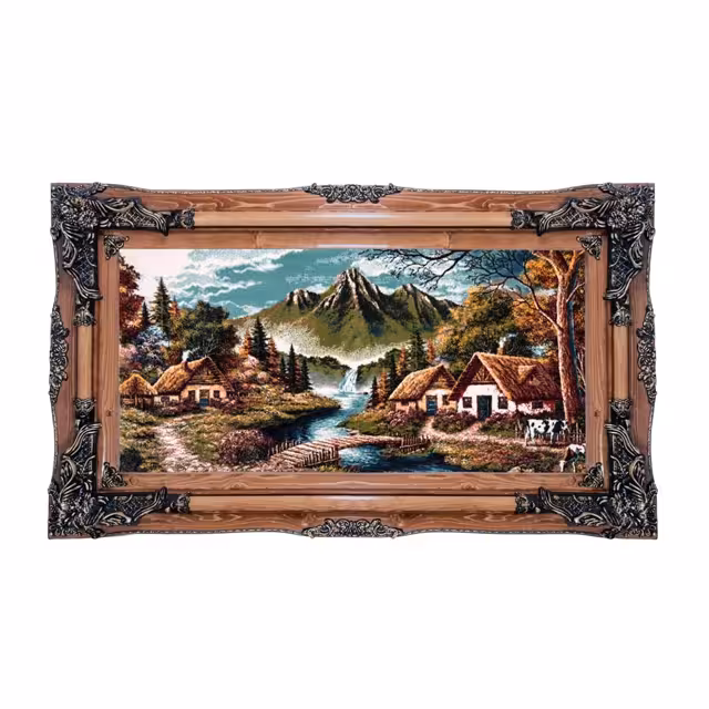 تابلو فرش ماشینی دنیای فرش طرح خانه های کوهستانی کد 176