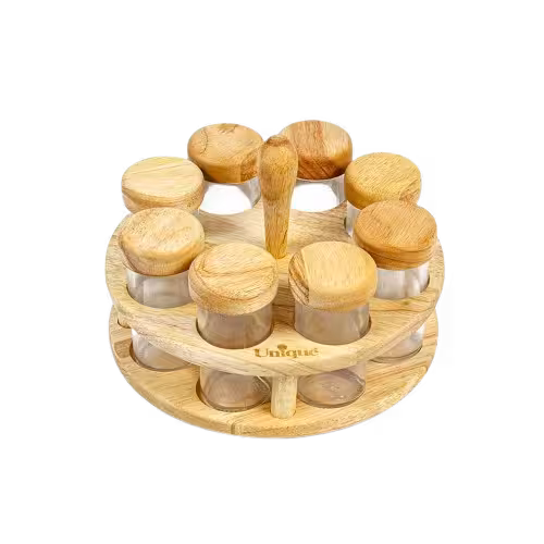 ست ادویه 8تایی گردان تخت گرد چوبی مدل UN-6117