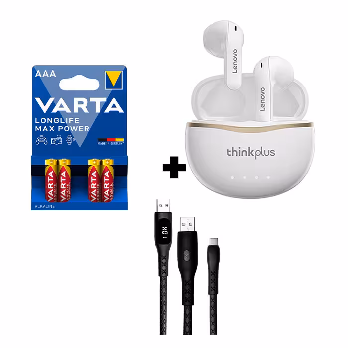 هندزفری بی‌سیم لنوو X16   کابل شارژ تایپ C کلومن   پک 4 تایی باتری نیم قلمی وارتا یوپ شاپ YP402