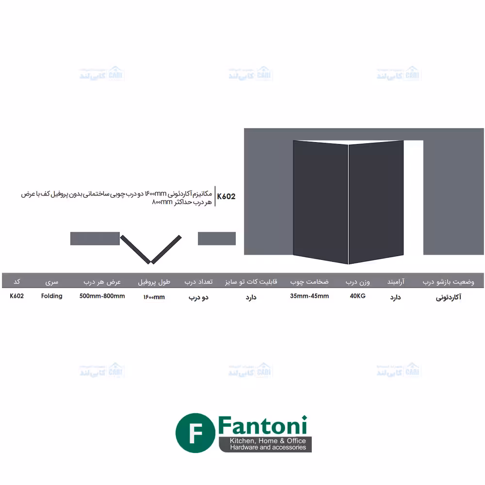 مکانیزم آکاردئونی 1600mm دو درب چوبی ساختمانی بدون پروفیل کف با عرض هر درب حداکثر 800mm فانتونی K602