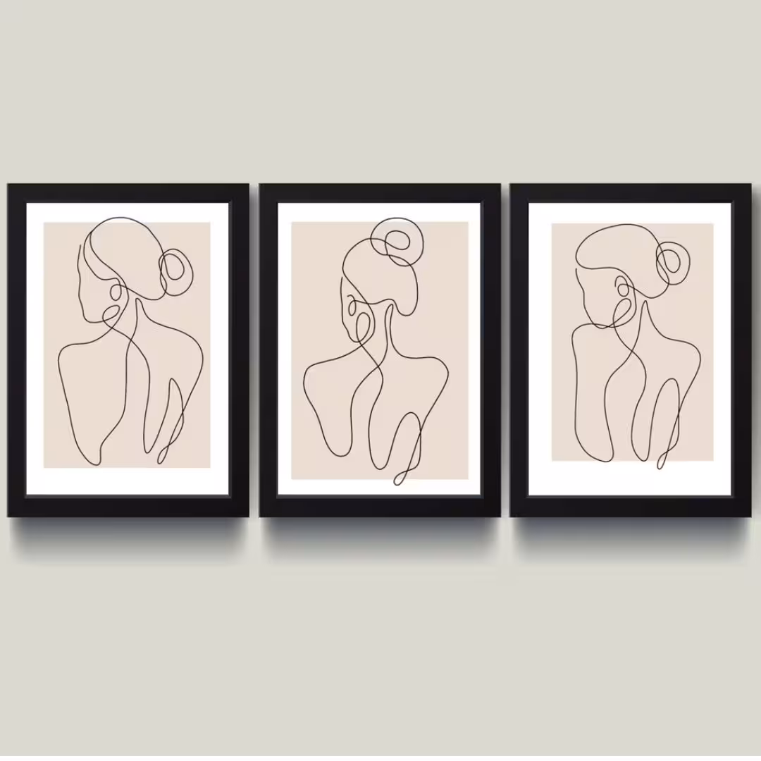 تابلو سه تیکه لاین ارت دختر سبک مینیمال کارشده با رنگ اکرولیک