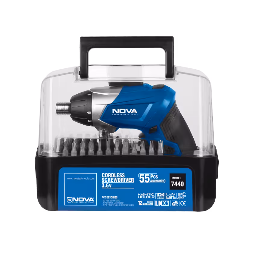 کیت پیچ گوشتی شارژی تاشو 3.6 ولت، 55 پارچه نووا مدل 7440