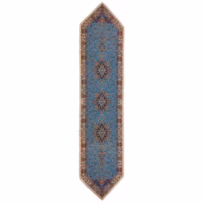 رومیزی رانر بلند ترمه نفیس ابریشم کد TRRA89 رنگ سبزآبی آستر سبزآبی لبه یراق دوزی