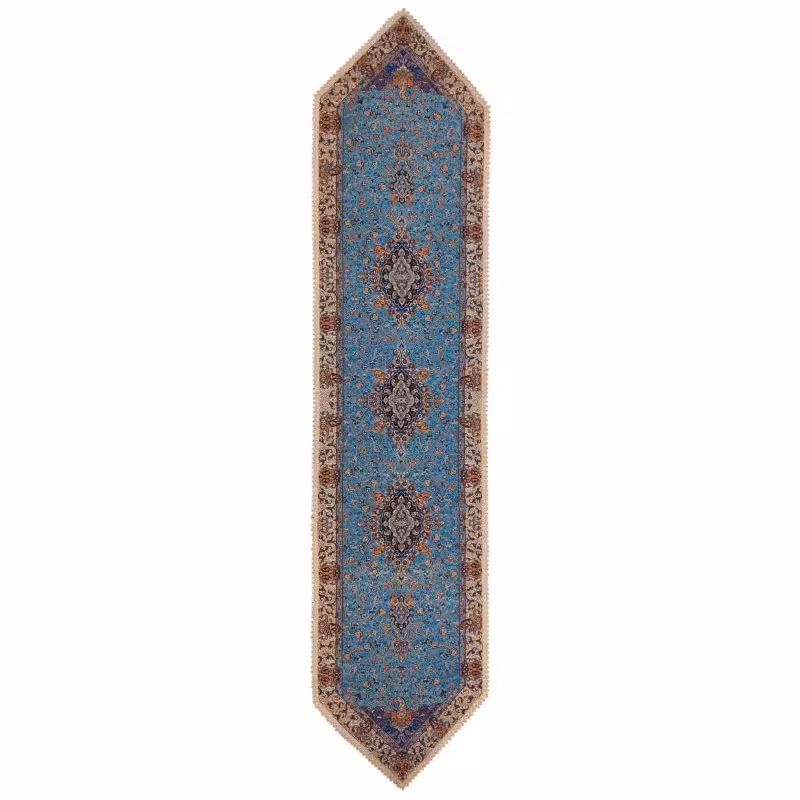 رومیزی رانر بلند ترمه نفیس ابریشم کد TRRA89 رنگ سبزآبی آستر سبزآبی لبه یراق دوزی