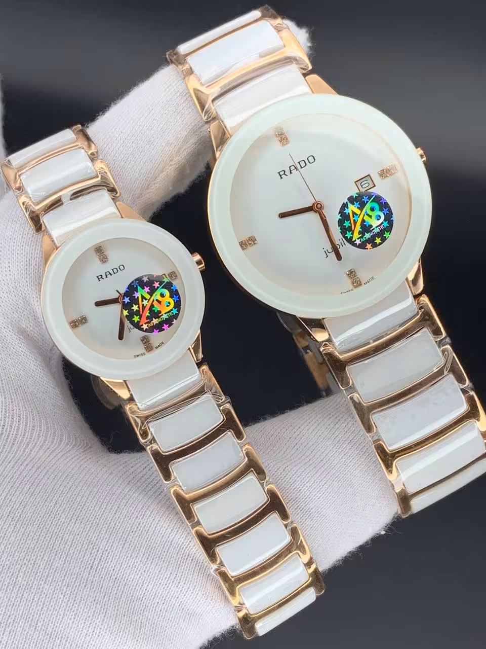 ساعت ست رادو سفید رزگلد RADO Jubile SWISS 8035G W/RG ساعت رادو سرامیکی