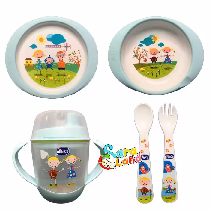 سرویس غذاخوری نوزاد 5 تکه Cihcco استپ دار طرح کودکان آبی پاستیلی