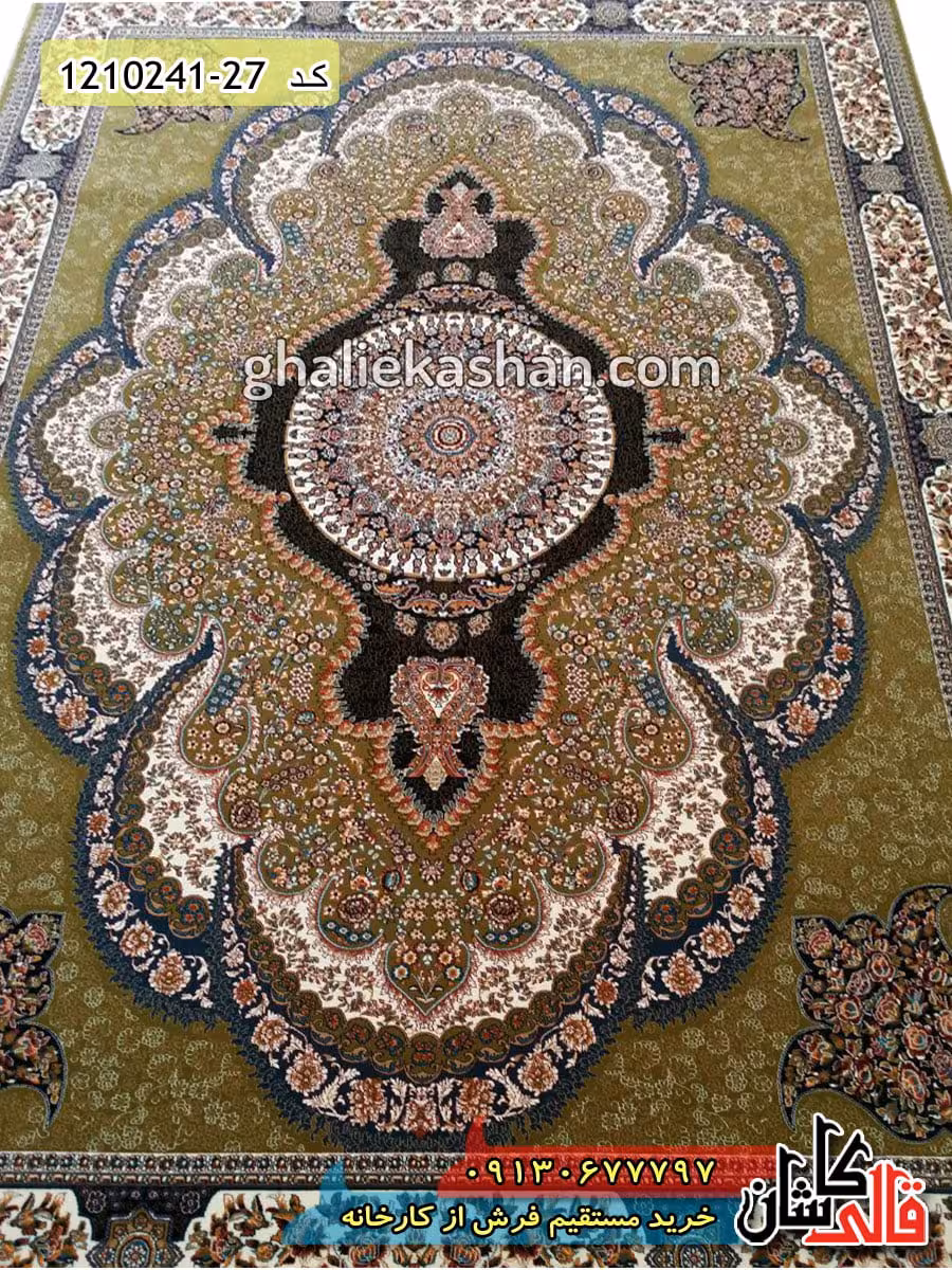 فرش طرح 700 شانه ( 500 شانه ) طرح آرشیدا زمینه سبز زیتونی کاشان