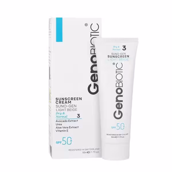 ضد آفتاب کرم پودری SPF50 پوست خشک ژنوبایوتیک (بژ روشن)