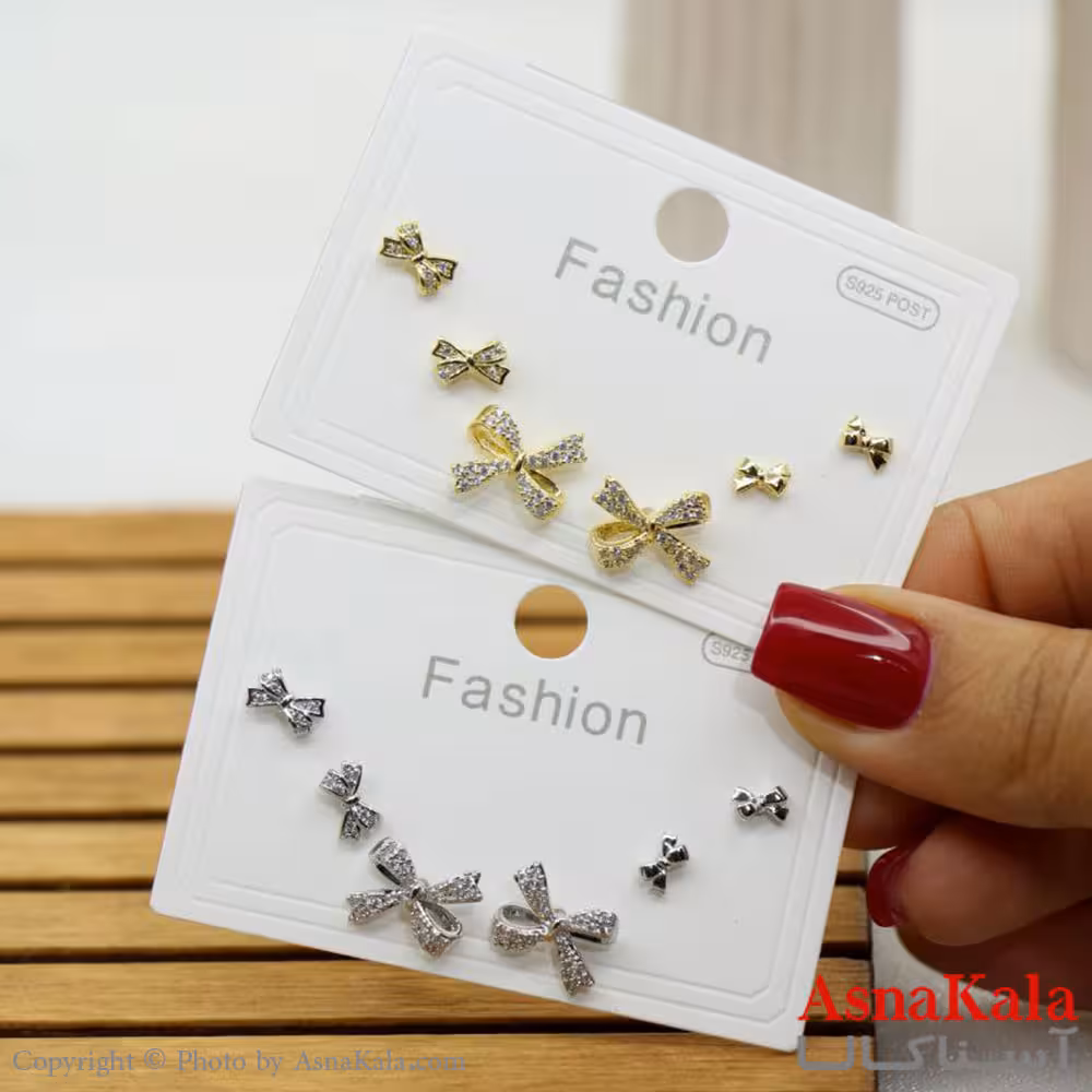 گوشواره زنانه استیل 316  پک 3 جفتی پاپییون میخ نقره ای کد GSH15561W