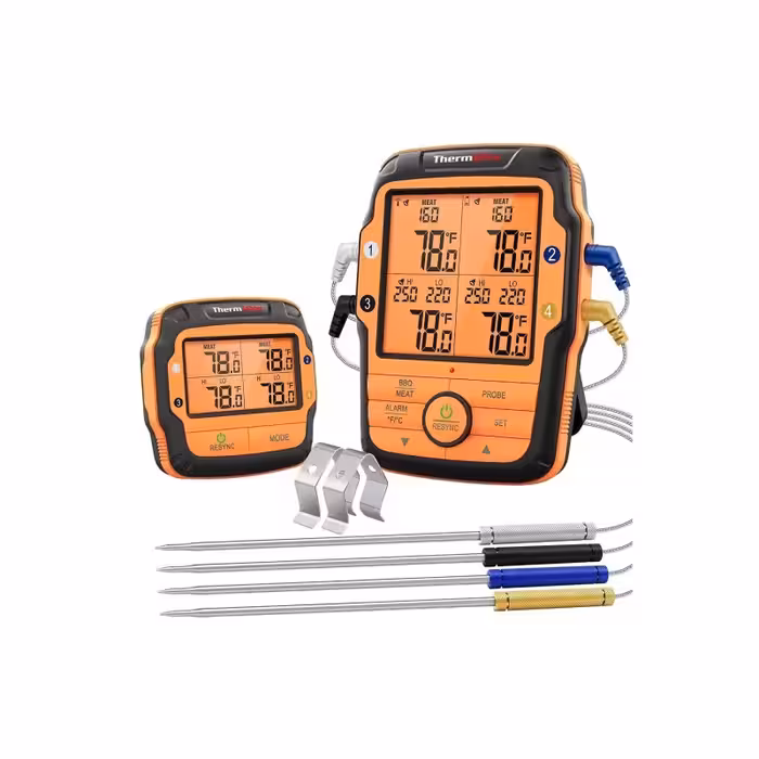 ترمومتر حرفه‌ای ThermoPro TP27C | بی‌سیم با برد 150 متر | مجهز به آلارم و نور پس‌زمینه | دارای 4 پروب استیل ضد زنگ | نمایش سریع و دقیق دما | مناسب برای فر و پخت انواع گوشت و غذا