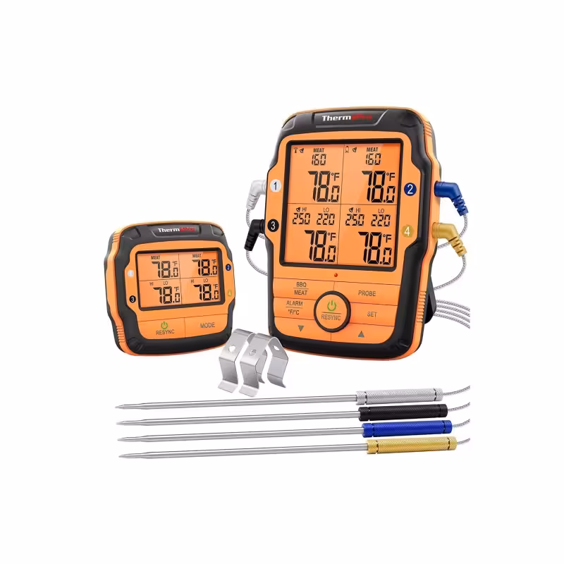 ترمومتر حرفه‌ای ThermoPro TP27C | بی‌سیم با برد 150 متر | مجهز به آلارم و نور پس‌زمینه | دارای 4 پروب استیل ضد زنگ | نمایش سریع و دقیق دما | مناسب برای فر و پخت انواع گوشت و غذا