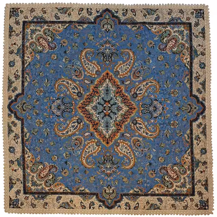 رومیزی مربع ترمه نفیس ابریشم کد TRM232 رنگ آبی آستر آبی لبه یراق دوزی