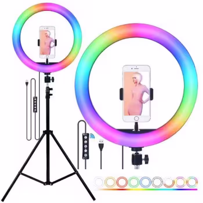 رینگ لایت مولتی کالر مدل RGB سایز 26 سانتی متری همراه با سه پایه