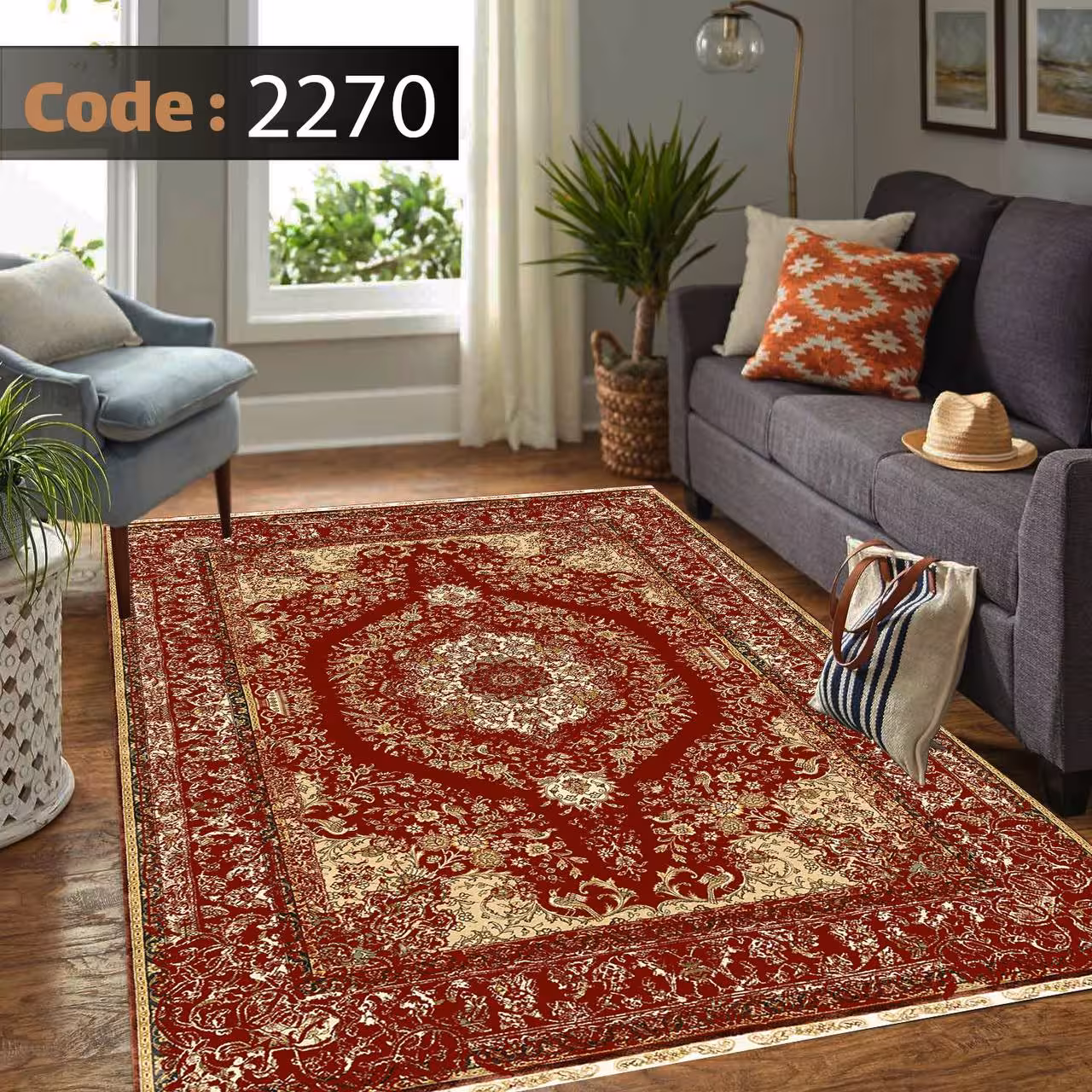کاورفرش روفرشی دورکشدار گوشه لیفه ای لاکی ، آبی و متنوع کد 2270