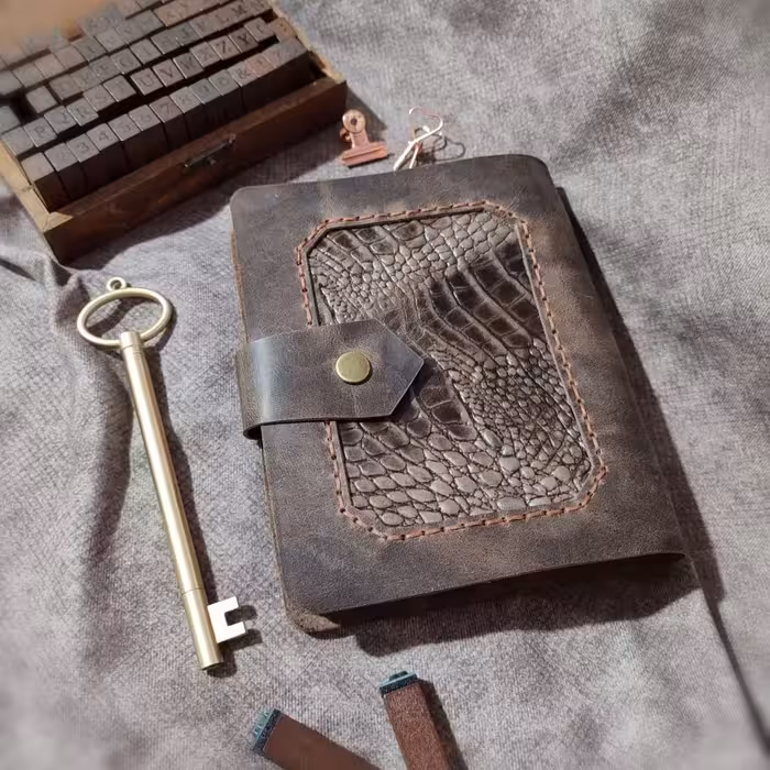 کلاسور چرمی ، چرم گاوی افکتی کریزی قهوه ای سوخته و چرم گاوی افکتی طرح روکو، 16/5 در 12, به همراه صد برگ کاغذ خط دار ، دو ورقه چرمی برای زیر و روی کاغذها