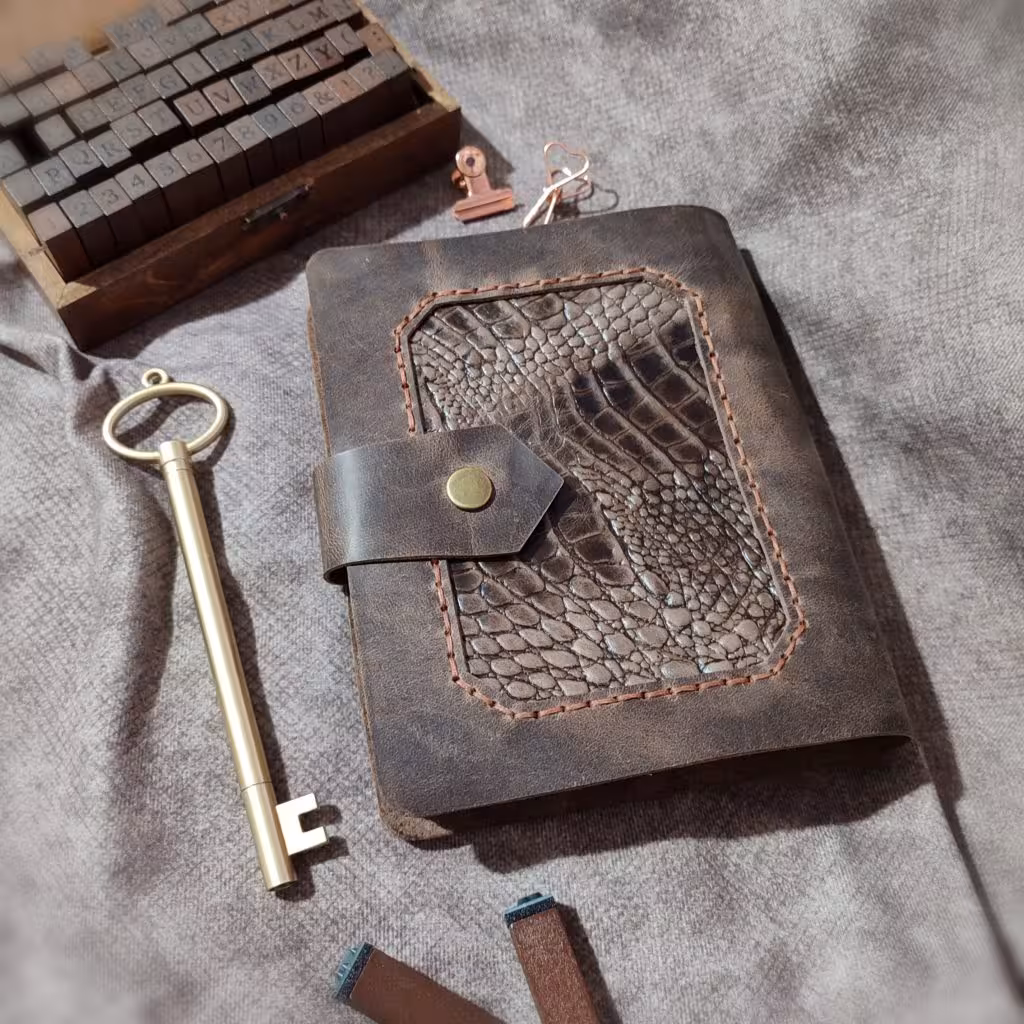 کلاسور چرمی ، چرم گاوی افکتی کریزی قهوه ای سوخته و چرم گاوی افکتی طرح روکو، 16/5 در 12, به همراه صد برگ کاغذ خط دار ، دو ورقه چرمی برای زیر و روی کاغذها