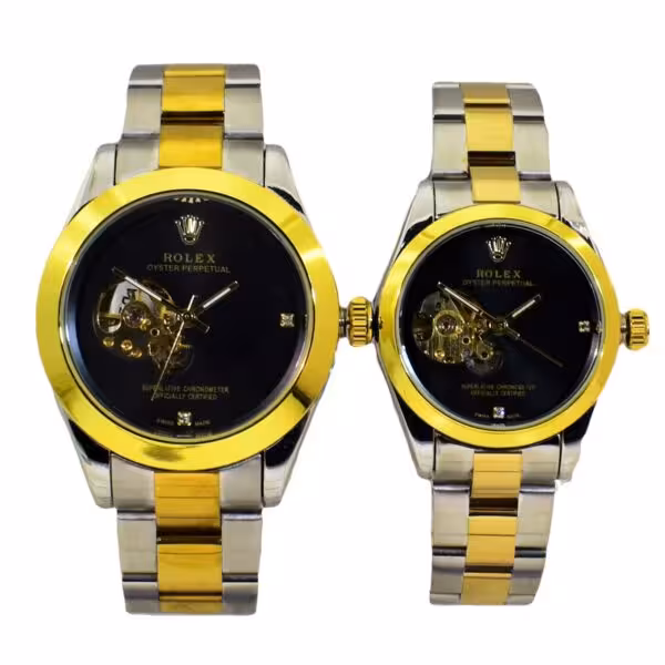 ROLEX OYSTER اتوماتیک گوکی مشکی ست رولکس اویستر زنانه مردانه اتومات ** اندیکس نگین دار براق ** قاب و بند دو رنگ