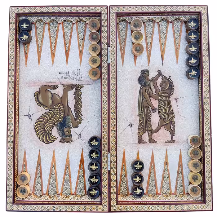 تخته نرد و شطرنج خاتم کاری طرح هخامنشی و فروهر کد 160019