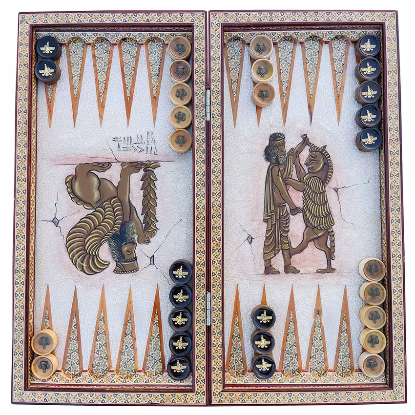 تخته نرد و شطرنج خاتم کاری طرح هخامنشی و فروهر کد 160019