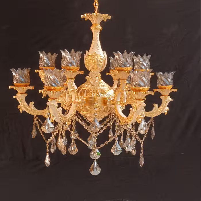 لوستر شش شاخه 12 شعله مدل گلوریا بزرگ ابکاری طلایی سفید خرید از تولیدی