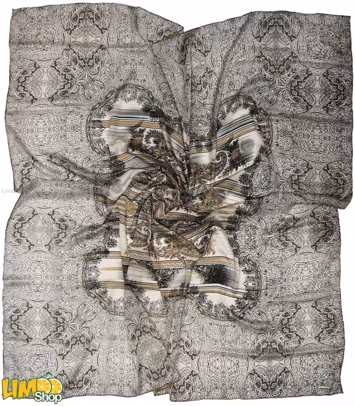 روسری مجلسی ابریشم سفید مشکی کد 608