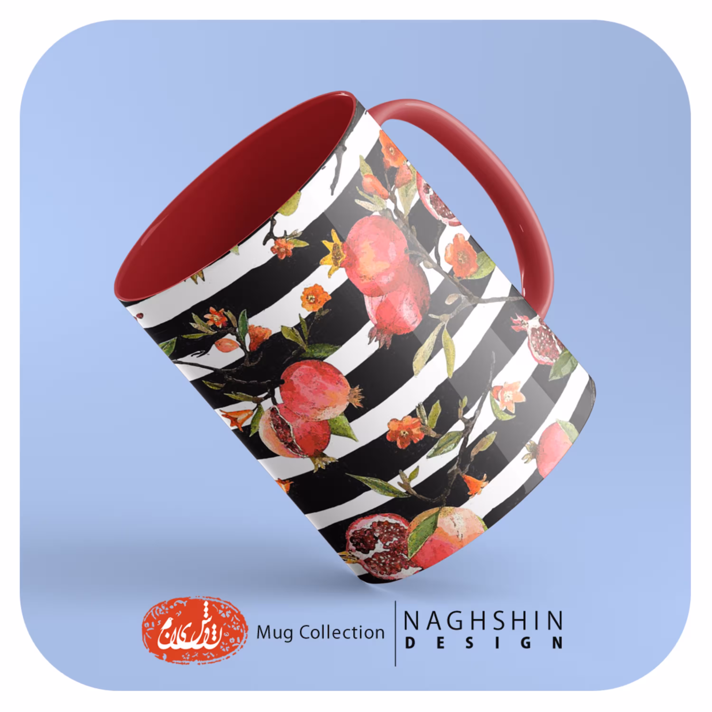 ماگ سرامیکی داخل و دسته رنگی با طرح انار - لطفا قبل از سفارش از موجودی محصول مطلع شوید