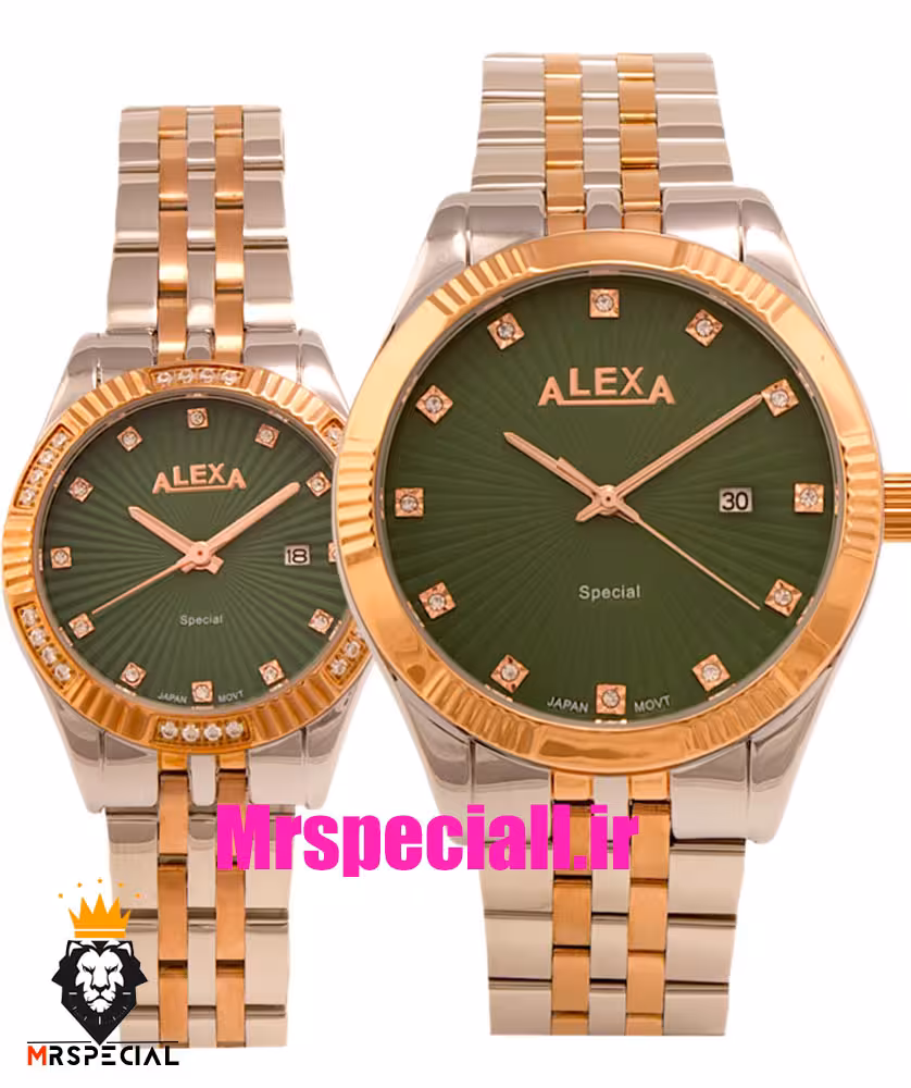 ساعت الکسا ست مردانه و زنانه بند استیل دو رنگ رزگلد صفحه سبز 020937 ALEXA SPECIAL