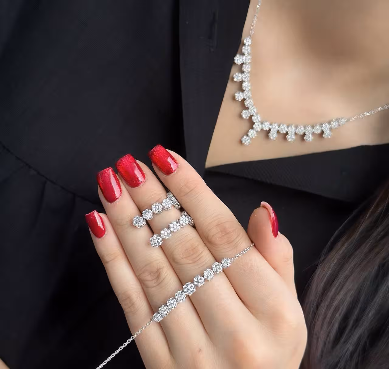 سرویس زنجیری فلاور نقره جواهری زنانه کد 60558