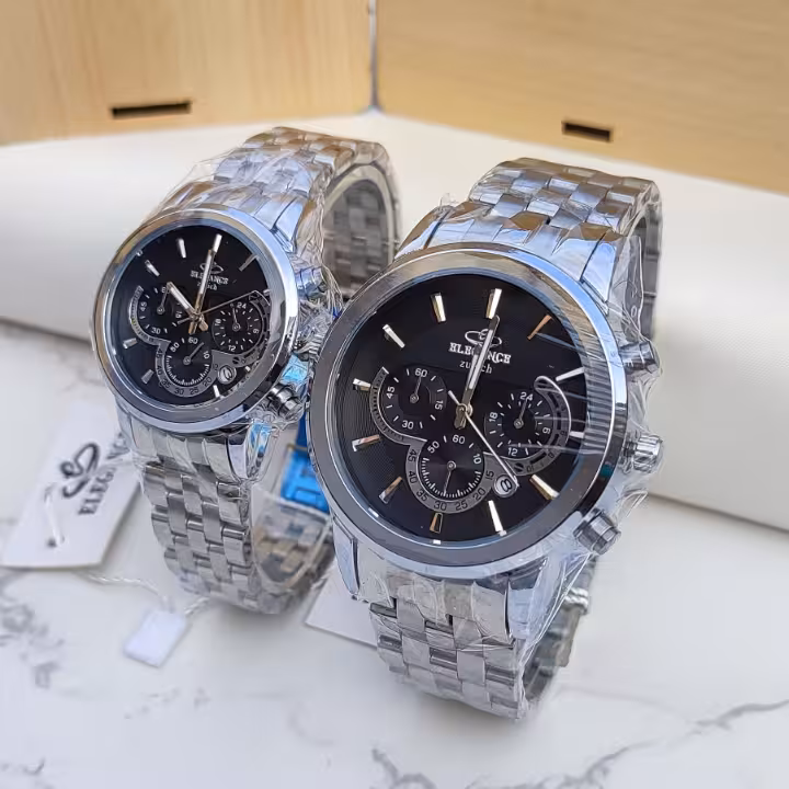 ست ساعت زنانه مردانه الگانس نقره ای سه موتور