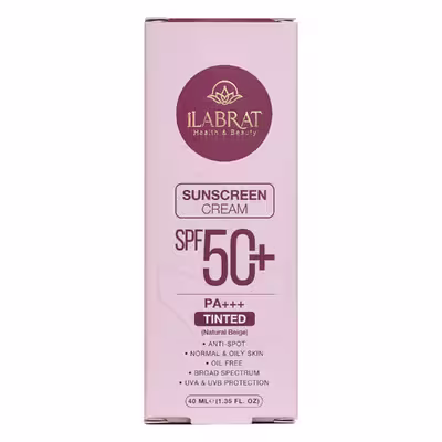 کرم ضدآفتاب رنگی ایلابرت  SPF50 مدل ضد لک natural beige مناسب پوست های چرب و معمولی حجم 40 میلی لیتر