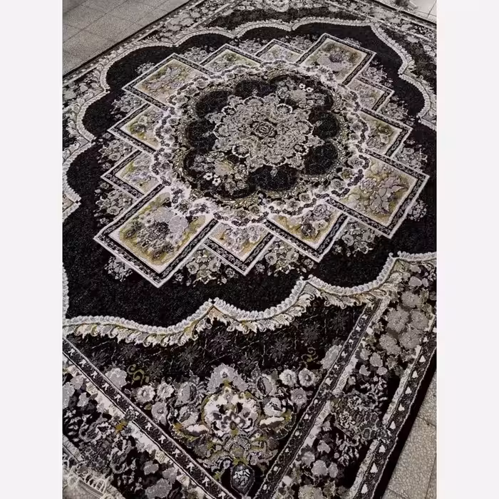 فرش 6 متری 440شانه ماشینی کاشان نخ بی سی اف طرح ناردون مشکی(باارسال رایگان)