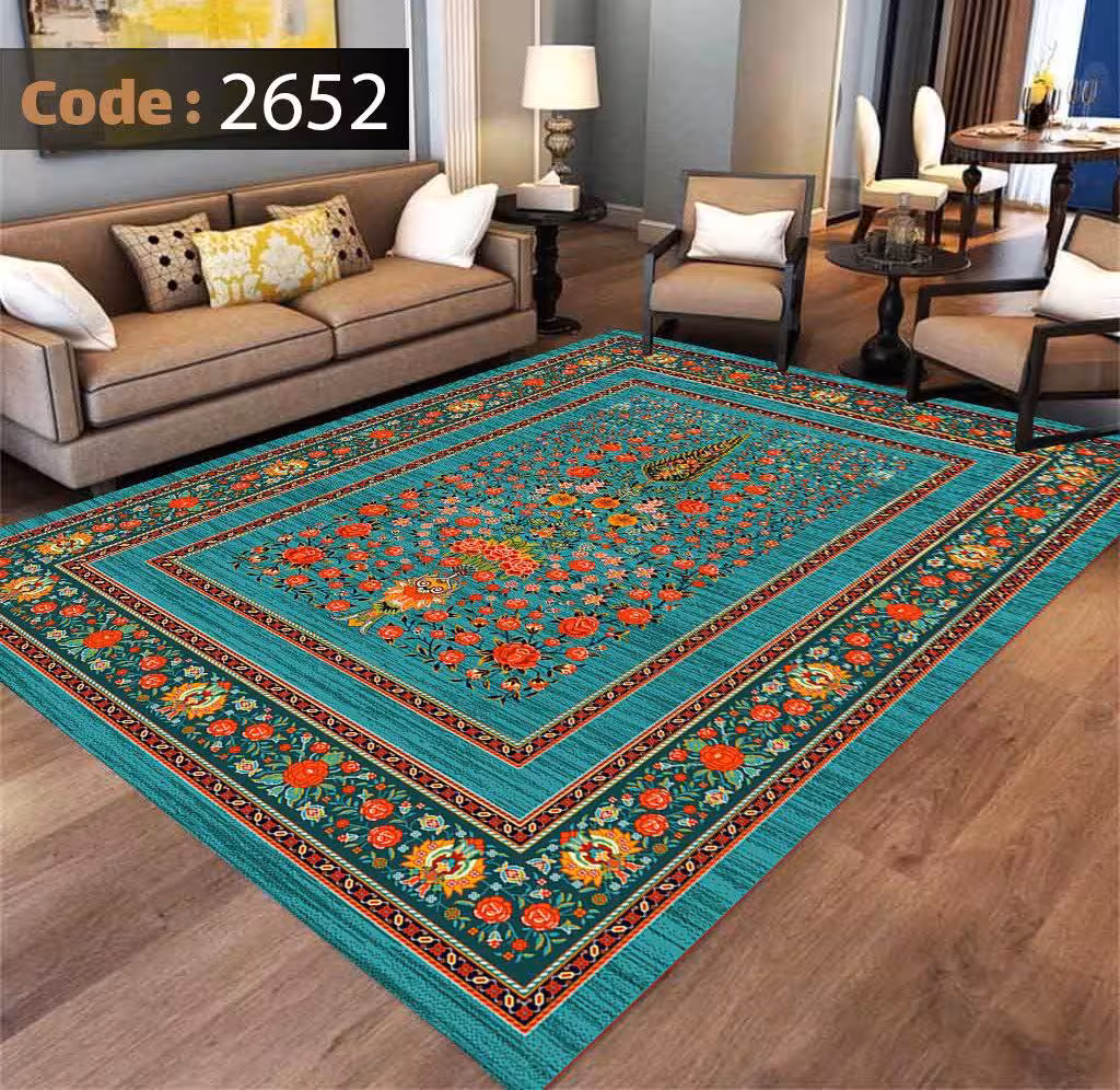کاورفرش روفرشی دورکشدار گوشه لیفه ای لاکی ، آبی و متنوع کد 2652