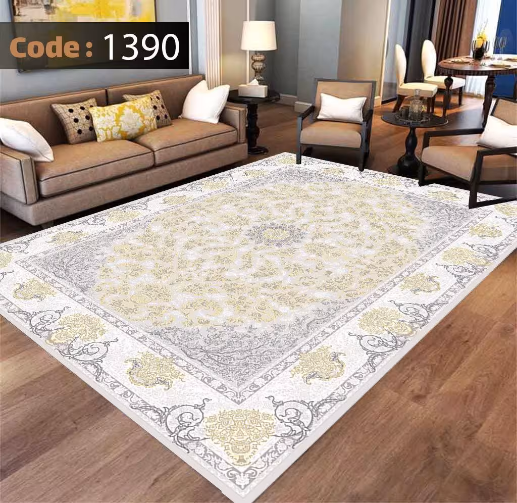 کاورفرش روفرشی دورکشدار گوشه لیفه ای طوسی کرم کد 1390