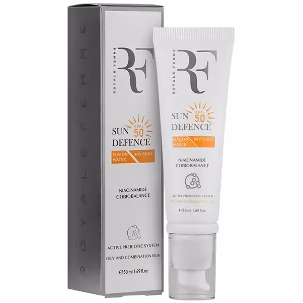 کرم ضد آفتاب فیوژن واتر بدون رنگ پوست چرب SPF50 رویال فم (RF) 50 میلی لیتر | RF Sun Defense Fusion Water For Oily & Combination Skin SPF50 50ml
