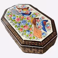 جعبه جواهرات خاتم کاری بزرگ 8 ضلعی با نقاشی مینیاتور گل و مرغ