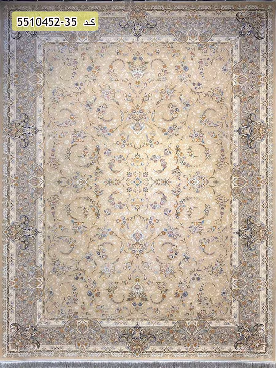 فرش 1500 شانه طرح مروارید زمینه بژ کاشان – گل برجسته