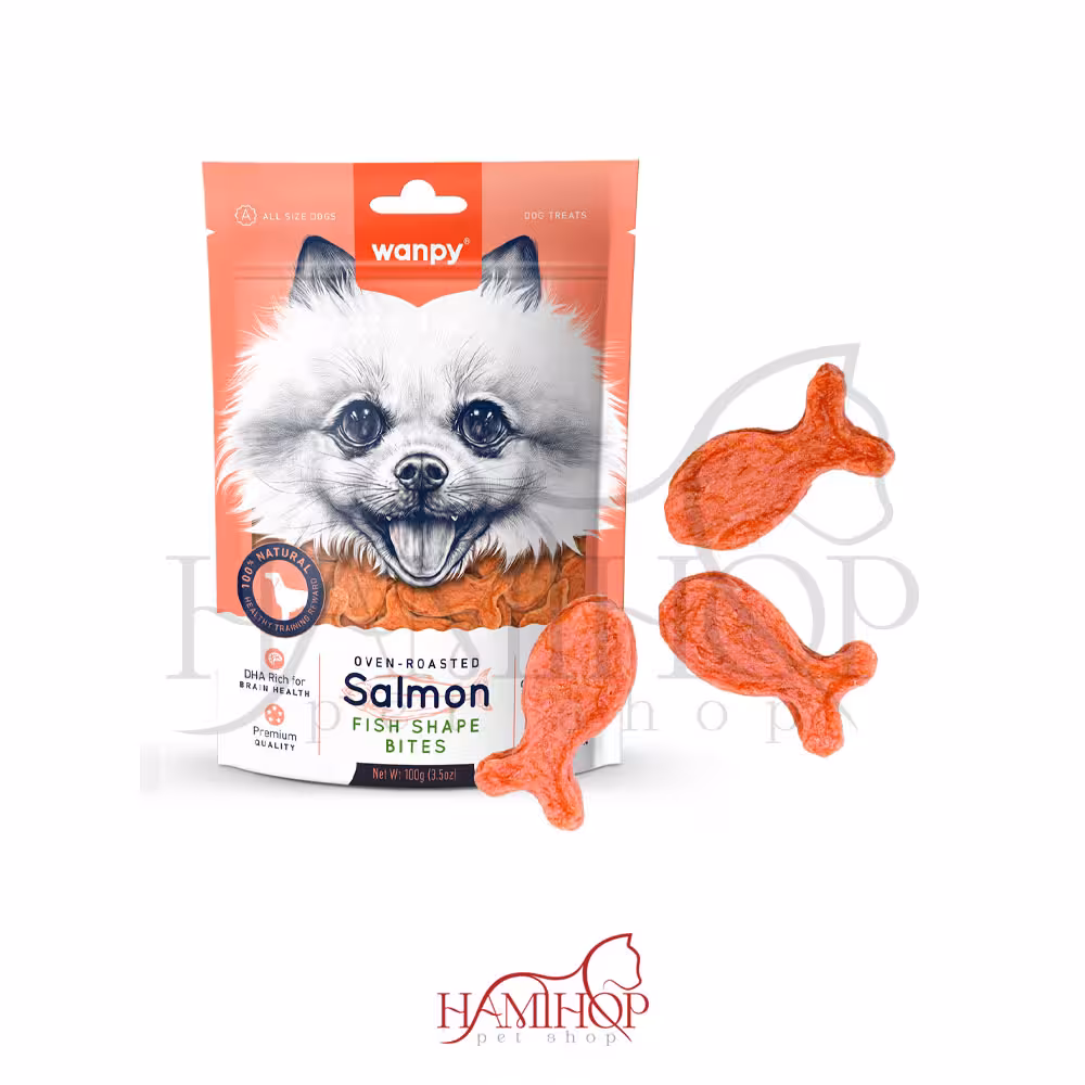 تشویقی سگ ونپی طعم سالمون مدل salmon fish shape bites وزن 100 گرم