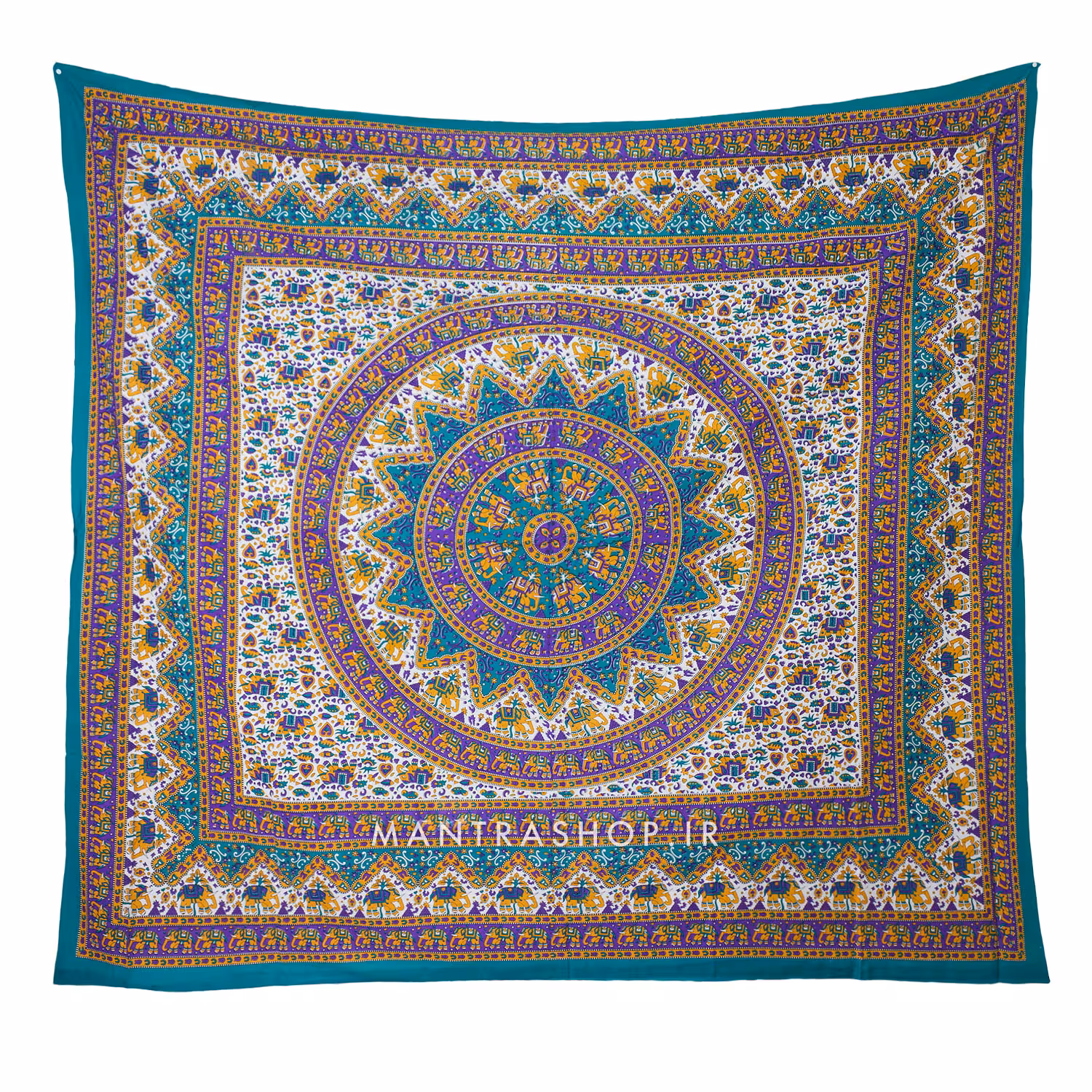 بکدراپ تپستری هندی طرح ماندالا تمام نخ فیروزه ای – بنفش