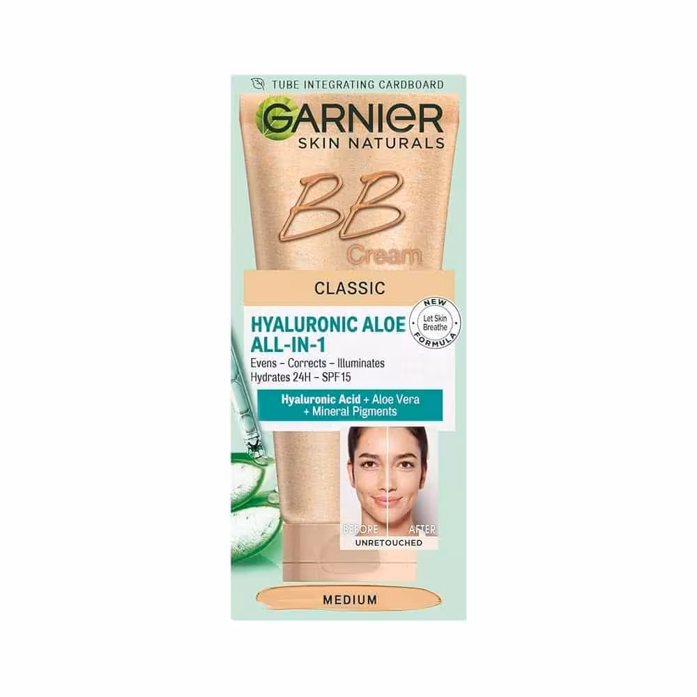 بی بی کرم گارنیر مدل Hyaluronic Aloe BB مرطوب کننده مات کننده و کوچک کننده منافذ حجم 50 میلی لیتر