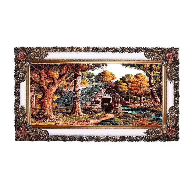تابلو فرش ماشینی دنیای فرش طرح کلبه جنگلی کد 738