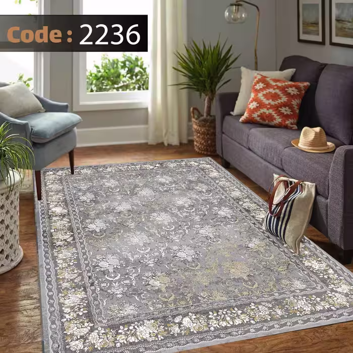 کاورفرش روفرشی دورکشدار گوشه لیفه ای طوسی کرم کد2236