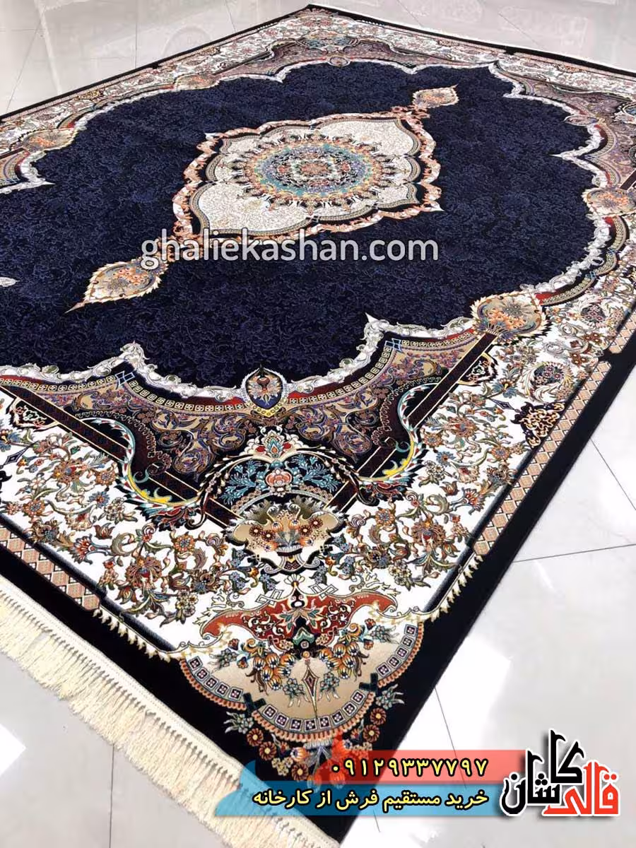 فرش 1000 شانه طرح تاج محل زمینه سرمه ای کاشان
