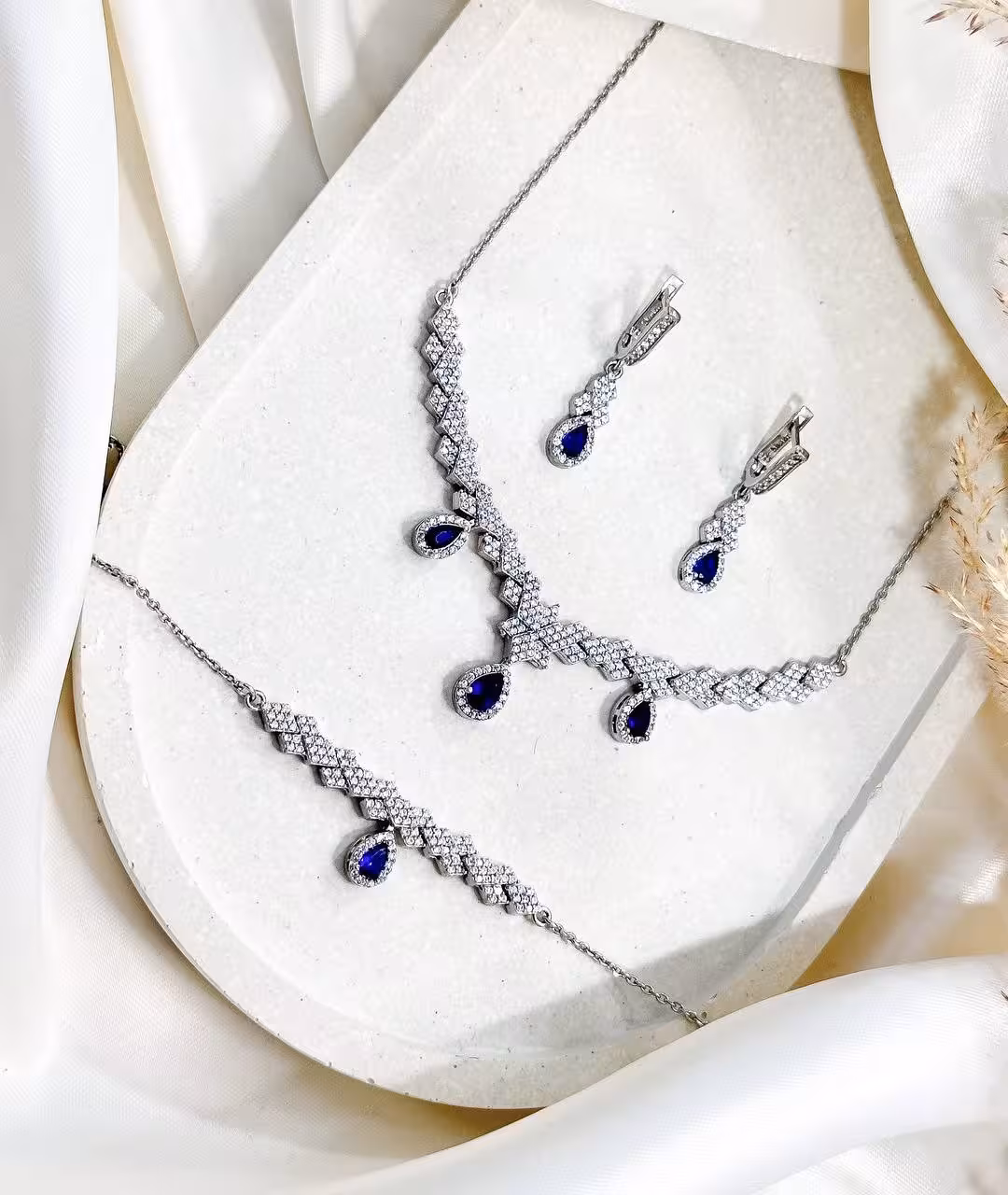 سرویس زنجیری سنگ رنگی نقره جواهری زنانه کد 60490