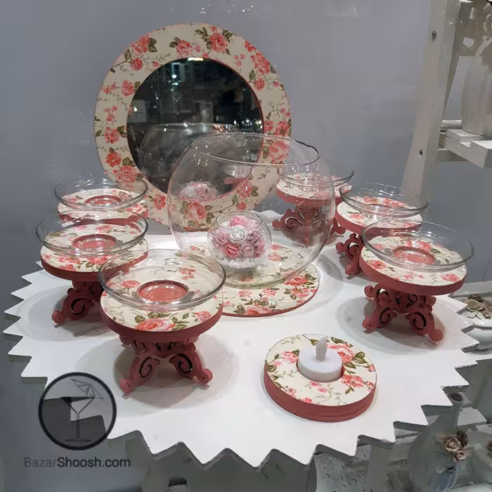 ست ظروف هفت سین پایه چوبی و تنگ بلور