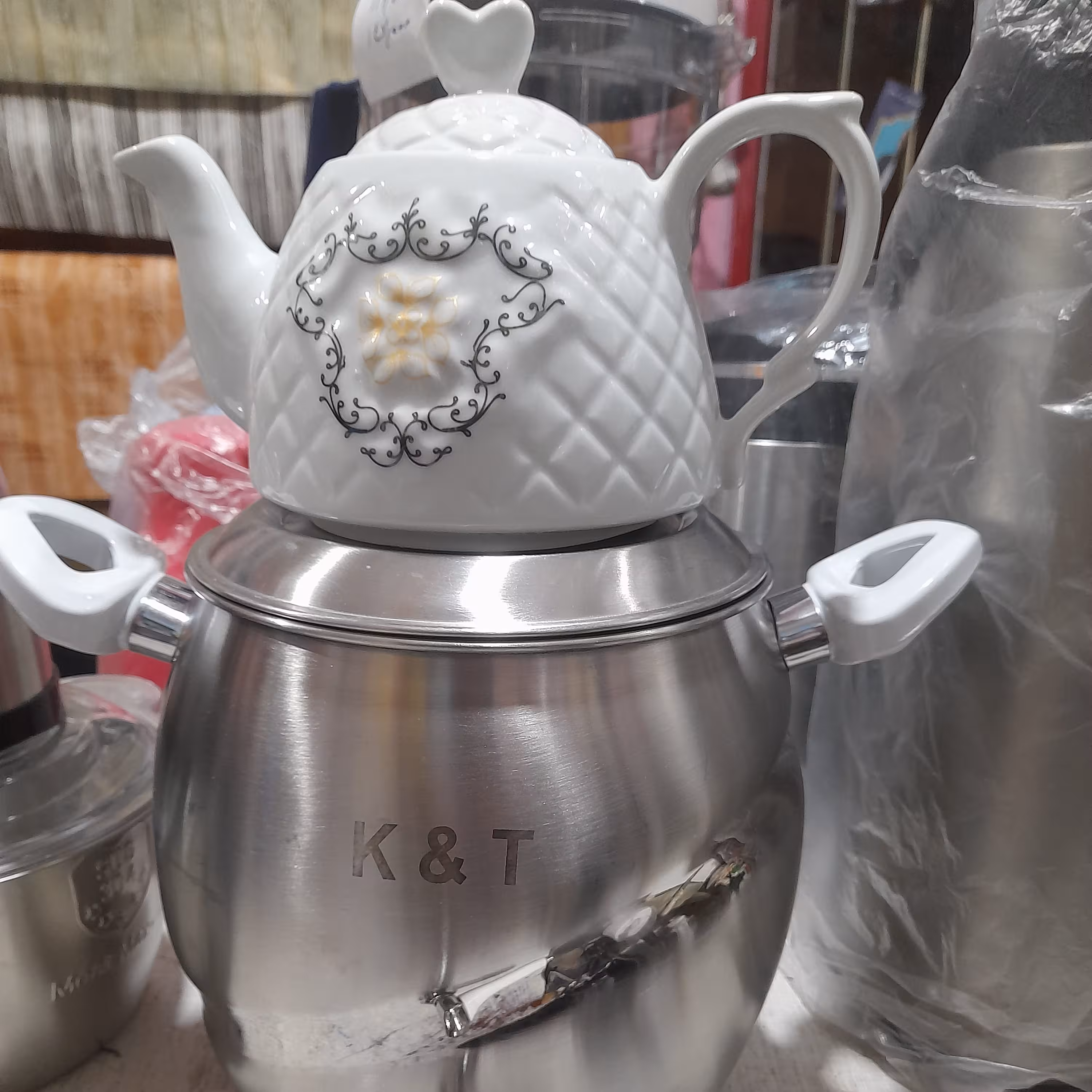 کتری وقوری استیل 6 لیتری طرح دار  آیینه ای بدنه